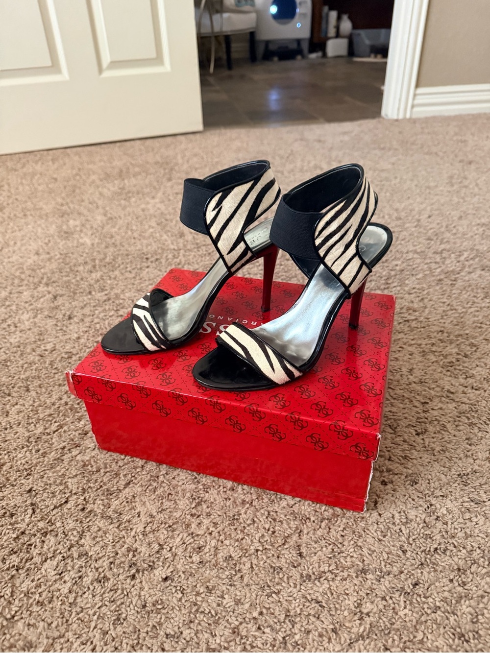 Guess Zebra-Print Strappy Heels with Red Stiletto